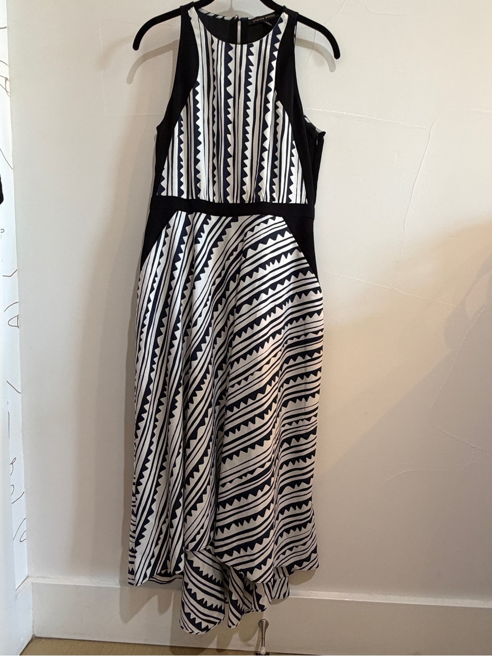 Black, Navy, & White Patterned High-Low Dress